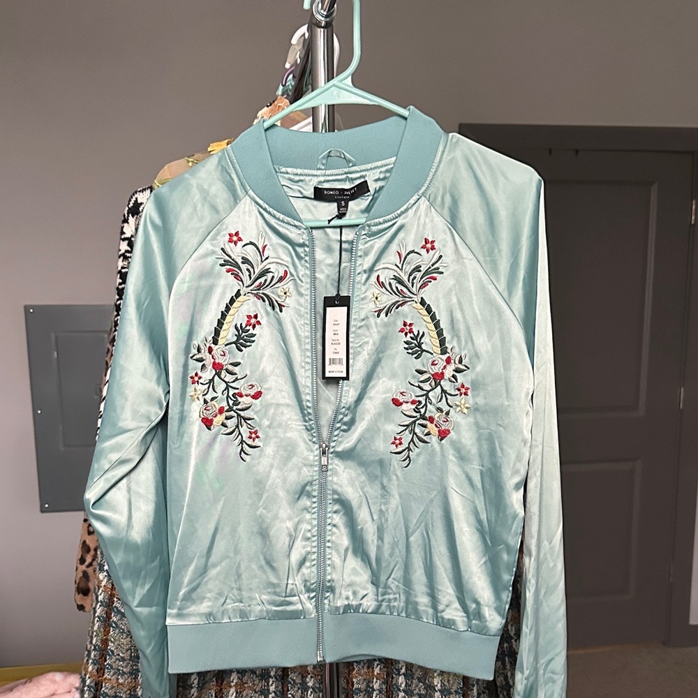 Embroidered Satin Bomber Jacket - Blue